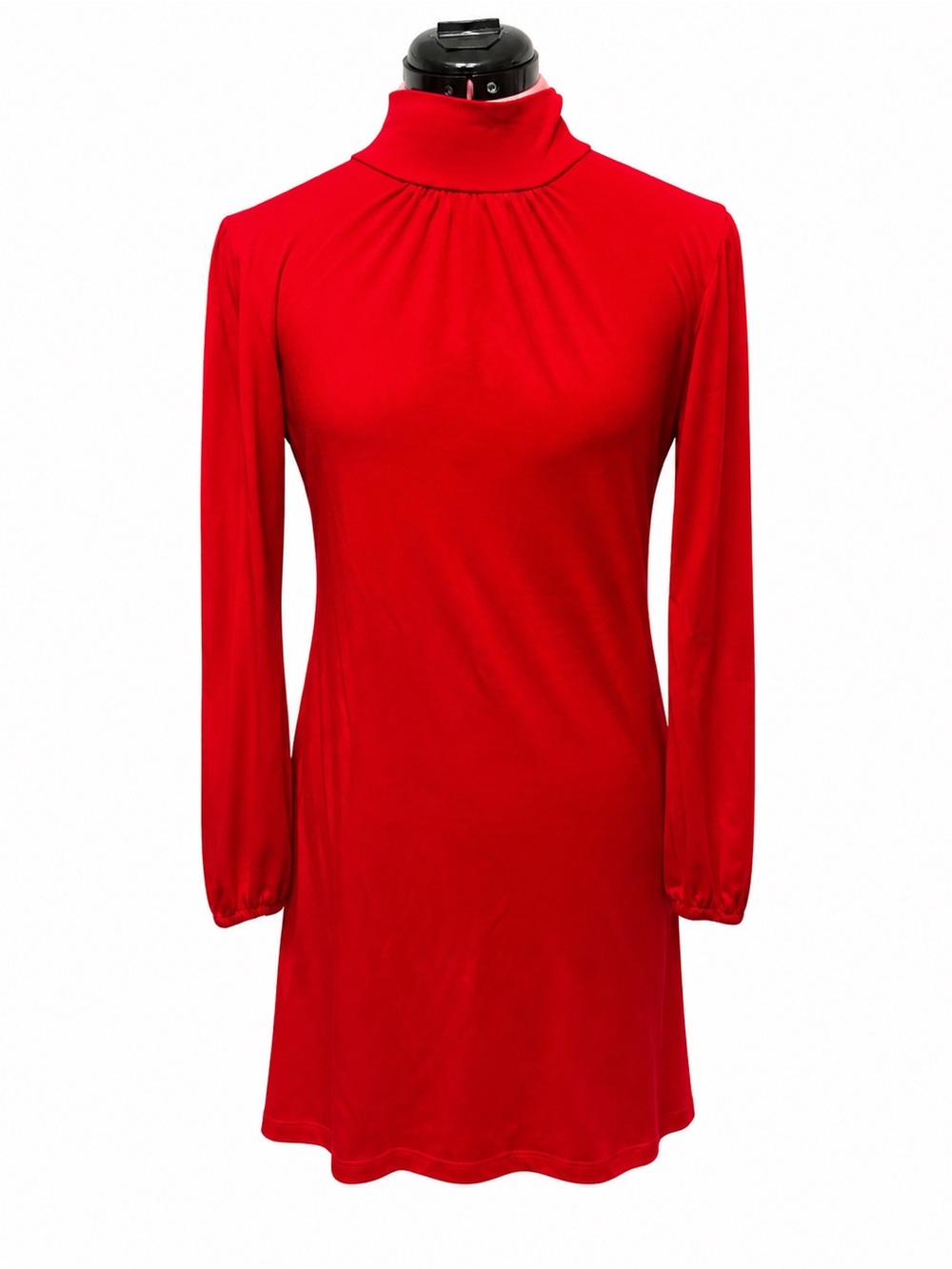 Vintage Style Red Mock Turtleneck Mini Dress | Open Back Keyhole | Stretch Knit